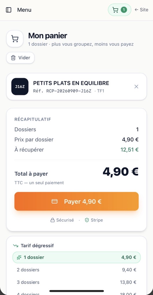 Panier et paiement mobile dans l’espace client Recup'R