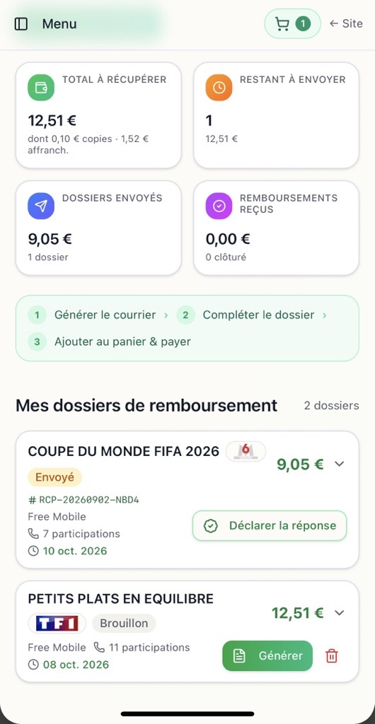 Tableau de bord mobile de l’espace client Recup'R