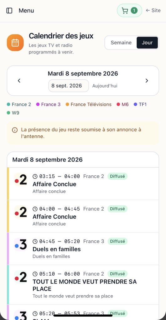 Calendrier mobile des jeux TV et radio Recup'R