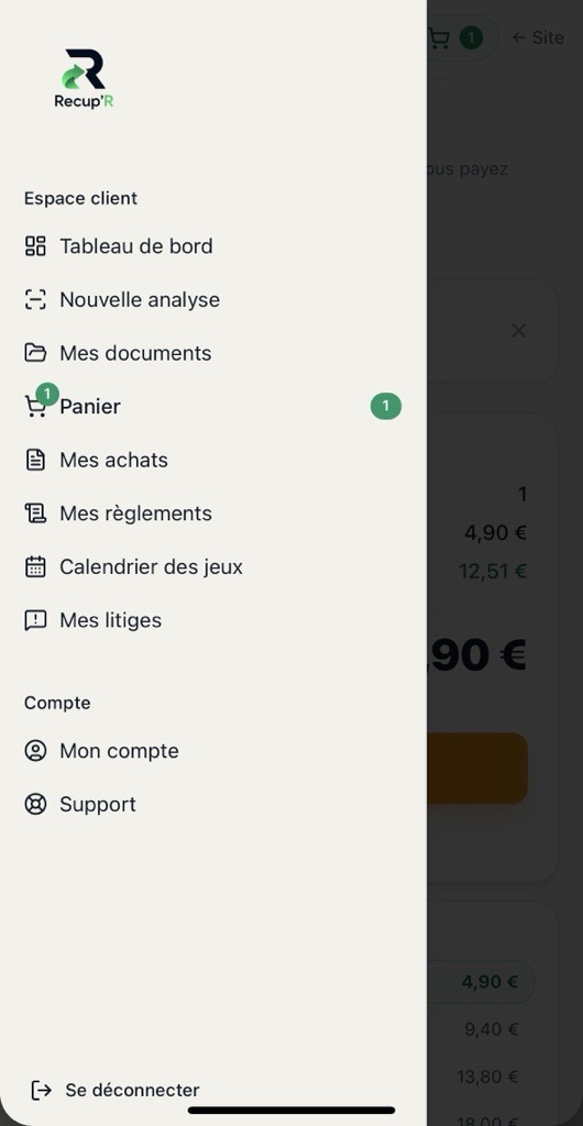 Menu des fonctionnalités de l’espace client Recup'R