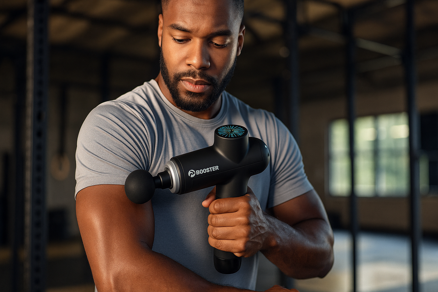 Homme sportif qui utilise un pistolet de massage pro